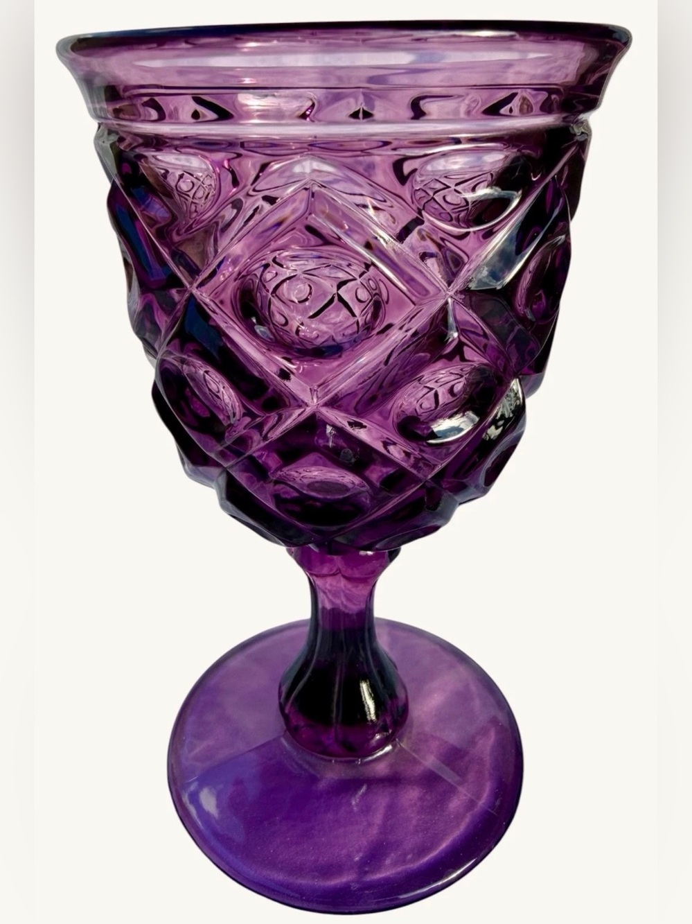 Viking Glass Amethyst Diamond Thumbprint Goblet 6.25” Purple Vintage